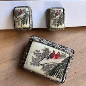 Vintage Chinese Silver Filigree Scrimshaw Love Bird Brooch & Earring Set